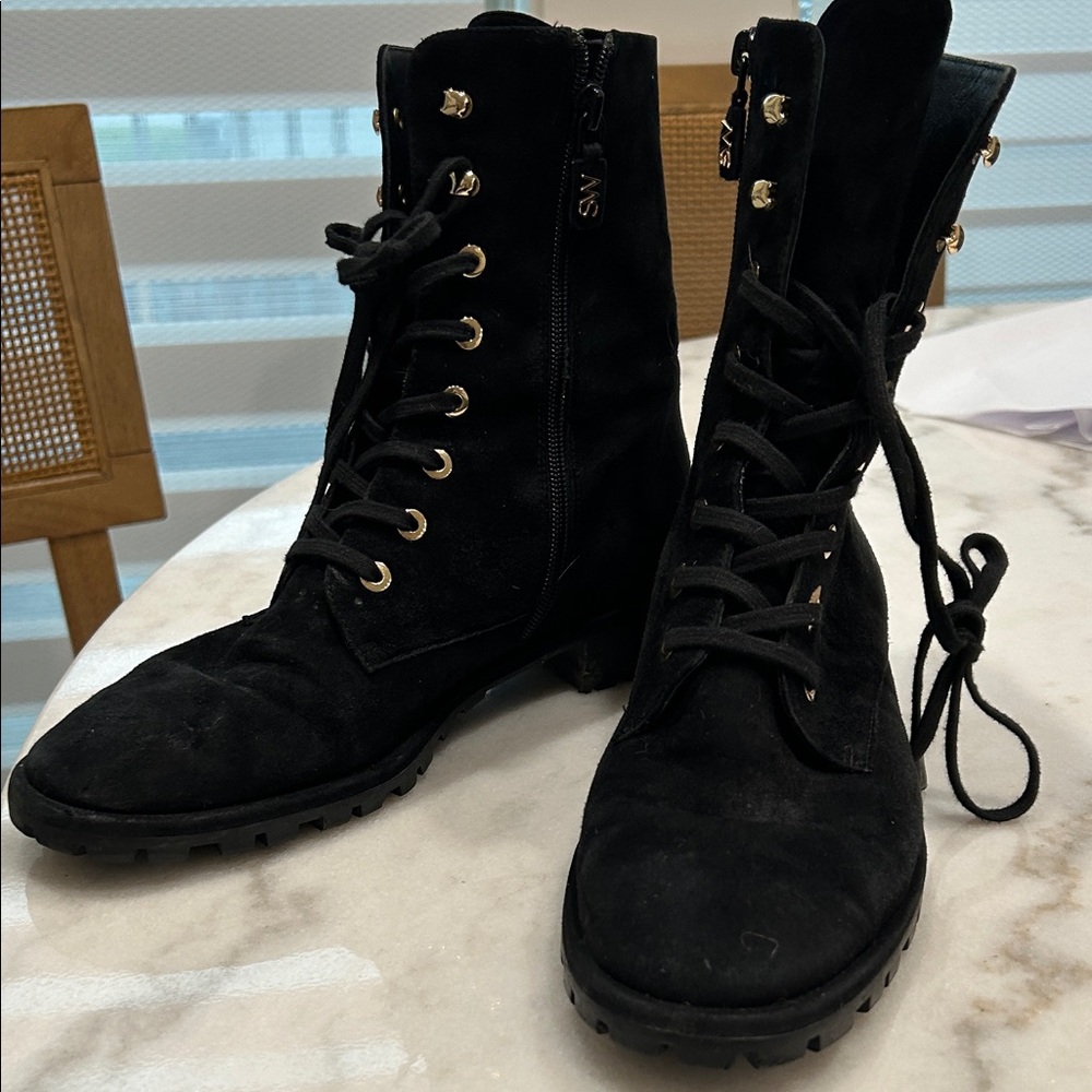 Stuart Weitzman Black Suede Lace-Up Combat Boots